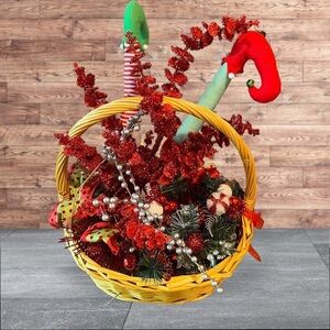 Christmas Decor Wicker Basket Elf Legs